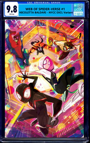 WEB OF SPIDER-VERSE NEW BLOOD #1 CGC 9.8 BALDARI NYCC 2025 EXCL VIRGIN VARIANT LTD TO 500