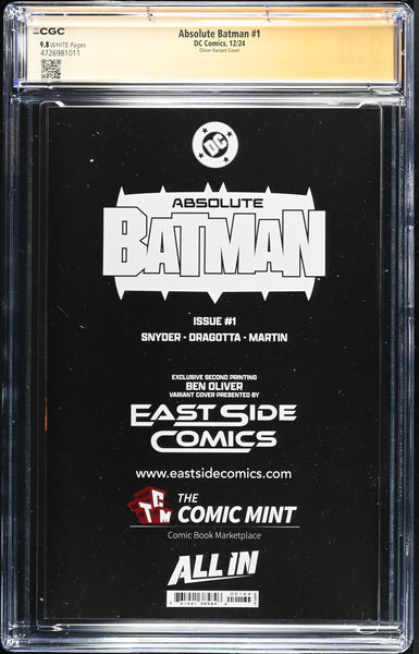ABSOLUTE BATMAN #1 CGC SS 9.8 SCOTT SNYDER SIGNED BEN OLIVER MEGACON VIRGIN VARIANT