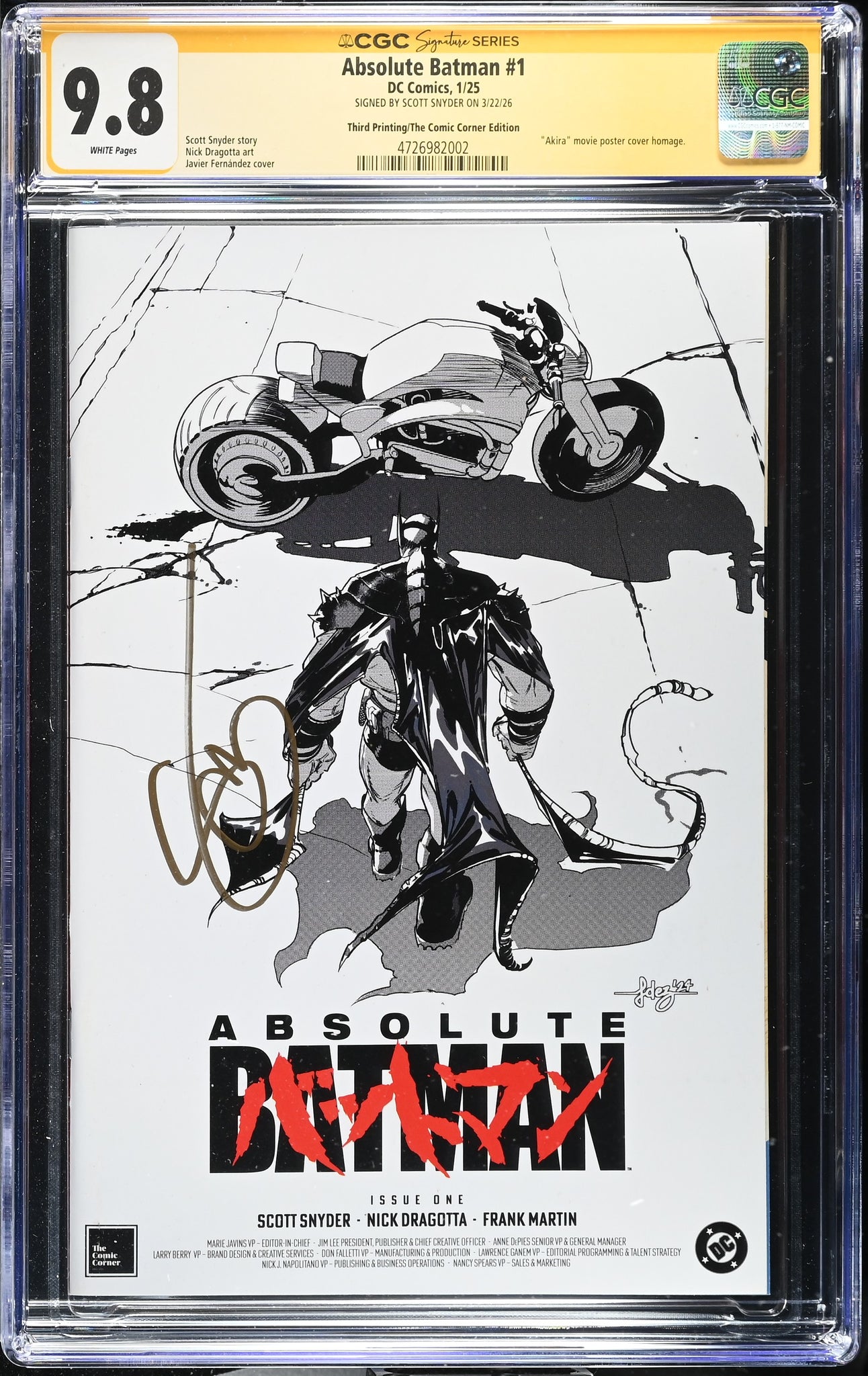 ABSOLUTE BATMAN #1 CGC SS 9.8 SCOTT SNYDER SIGNED AKIRA B&W