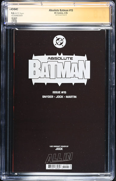 ABSOLUTE BATMAN #15 CGC SS 9.8 SCOTT SNYDER & JOCK SIGNED 1:50 RI VIRGIN VARIANT JOKER