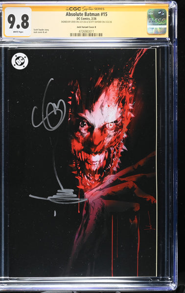 ABSOLUTE BATMAN #15 CGC SS 9.8 SCOTT SNYDER & JOCK SIGNED 1:50 RI VIRGIN VARIANT JOKER