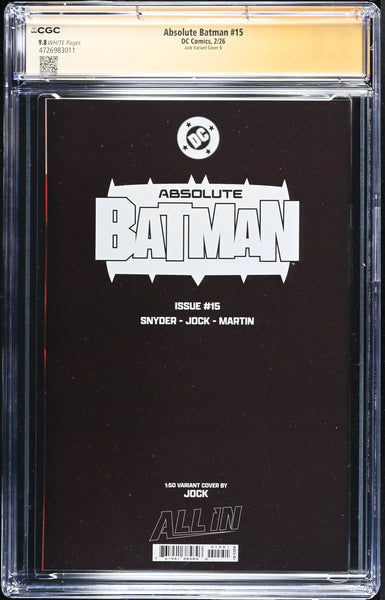 ABSOLUTE BATMAN #15 CGC SS 9.8 SCOTT SNYDER & JOCK SIGNED 1:50 RI VIRGIN VARIANT JOKER