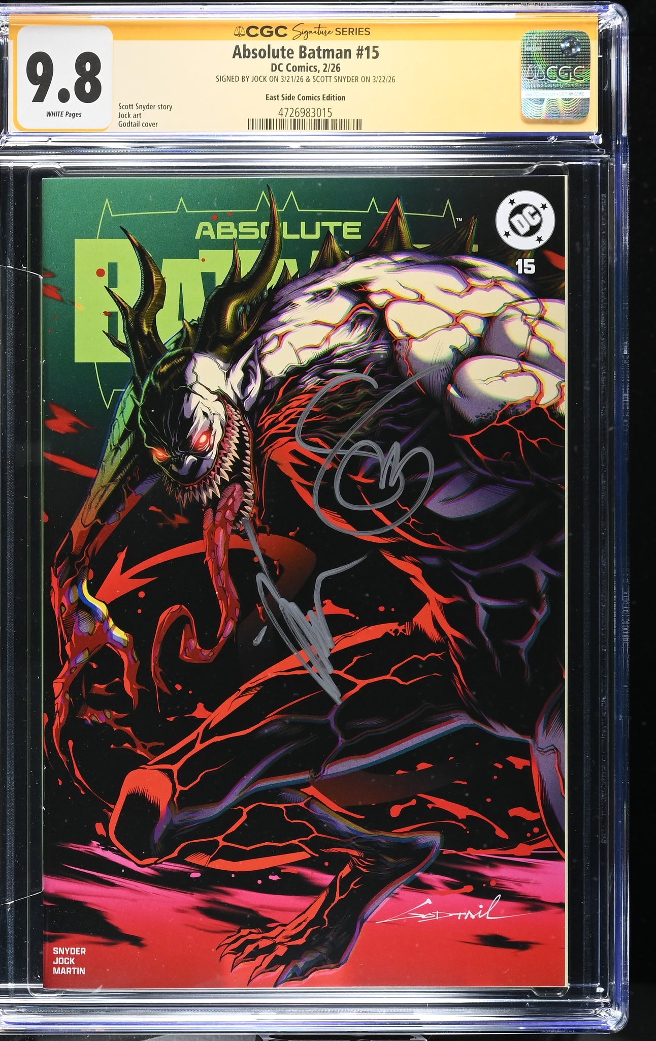 Absolute Batman #15 Snyderサイン入り アメコミリーフ ABSOLUTE BATMAN #15 CGC SS 9.8 COTT SNYDER & JOCK SIGNED GODTAIL