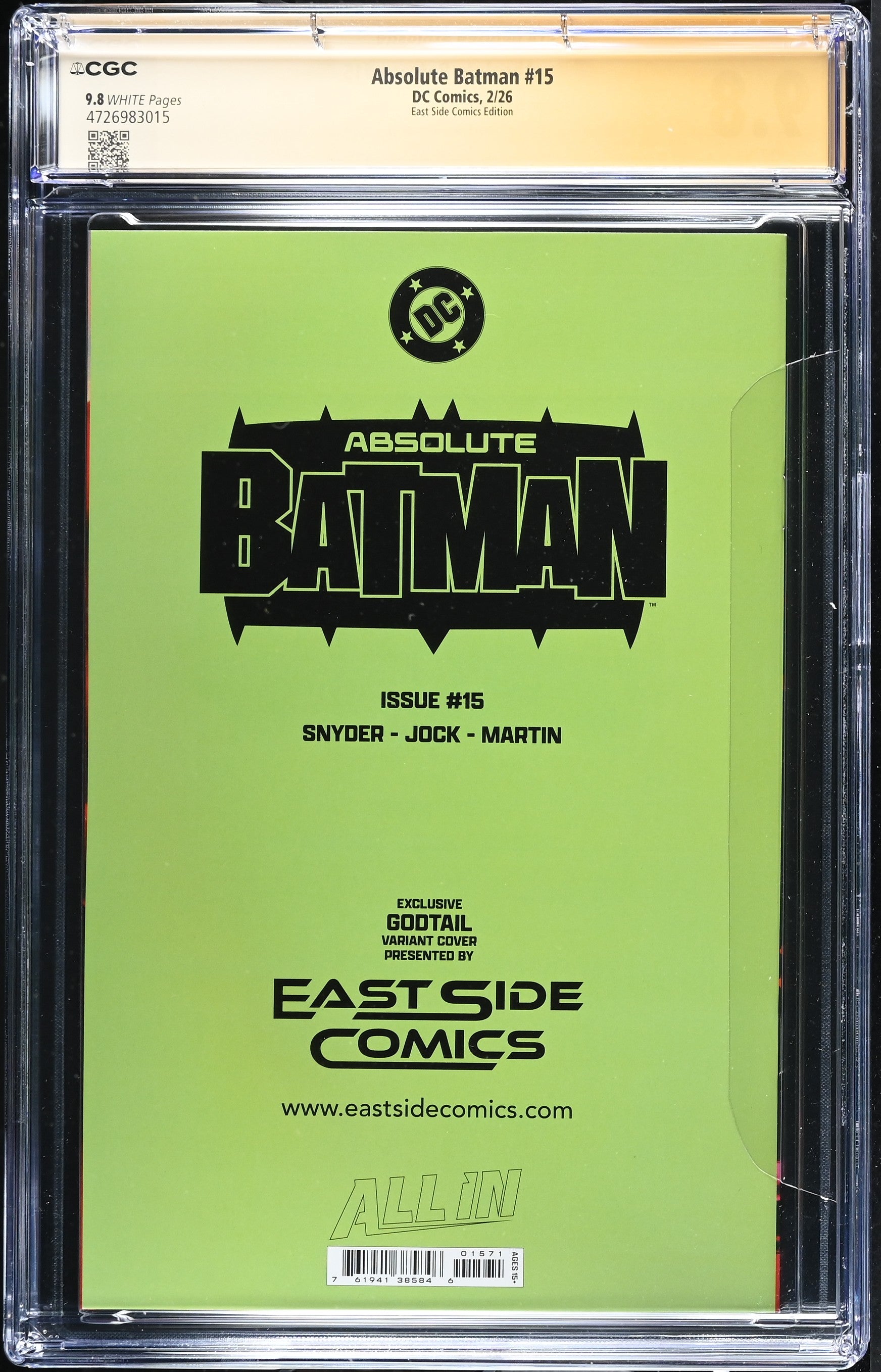 アストリット様 ABSOLUTE BATMAN #15 CGC SS 9.8 COTT SNYDER & JOCK SIGNED GODTAIL