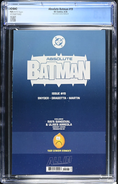 ABSOLUTE BATMAN #19 CGC 9.8 RAFA SANDOVAL EXCL GITD VIRGIN VARIANT-B FIRST SCARECROW