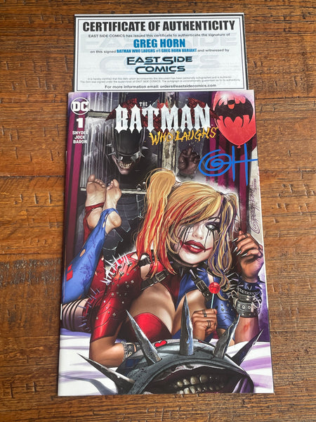 BATMAN WHO LAUGHS #1 GREG HORN SIGNED COA HARLEY QUINN WHO LAUGHS VARIANT-A