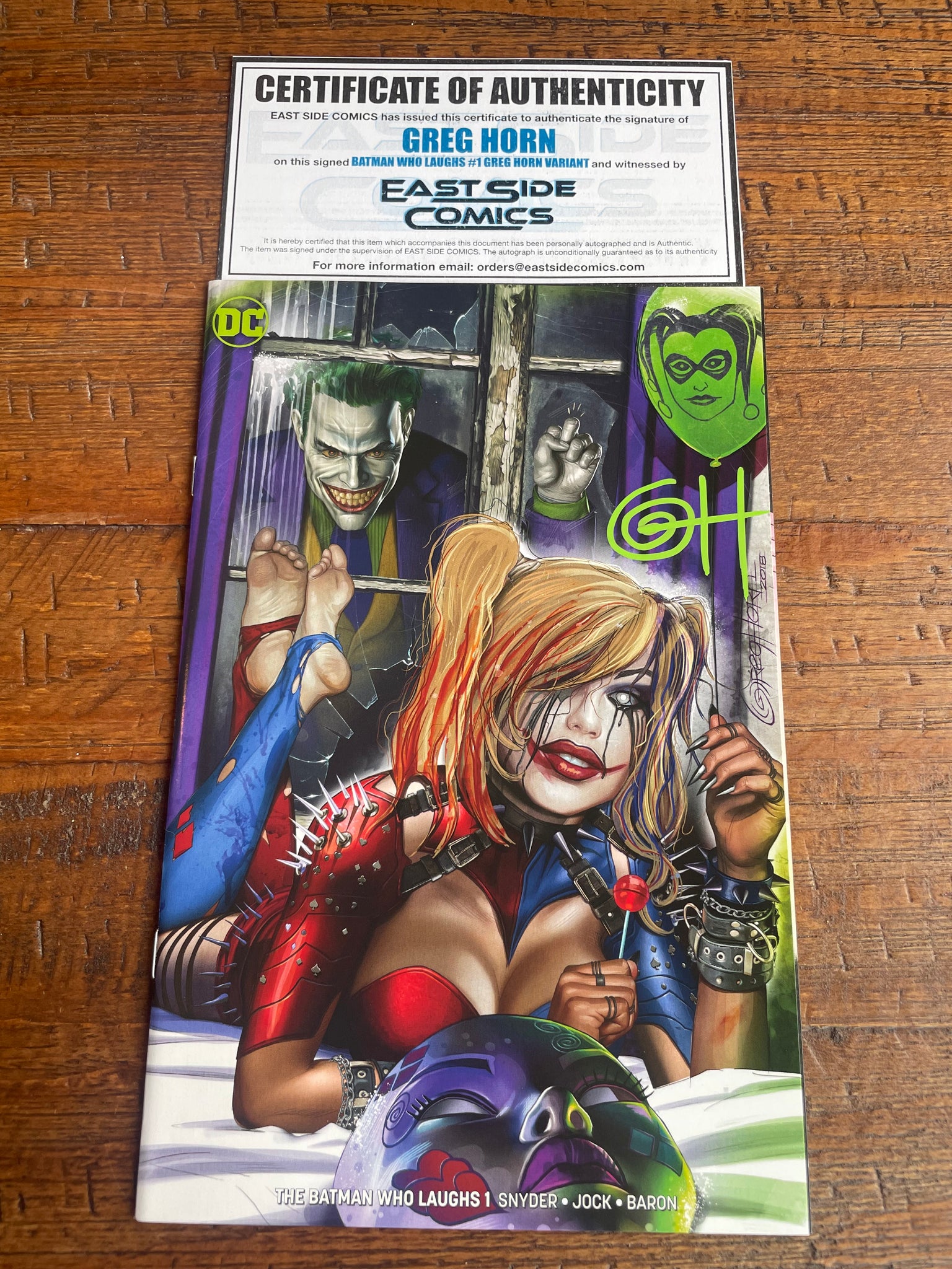 BATMAN WHO LAUGHS #1 GREG HORN SIGNED COA HARLEY QUINN WHO LAUGHS VARIANT-B