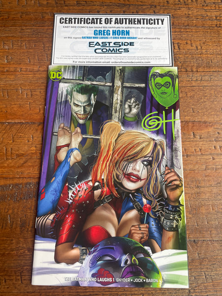 BATMAN WHO LAUGHS #1 GREG HORN SIGNED COA HARLEY QUINN WHO LAUGHS VARIANT-B