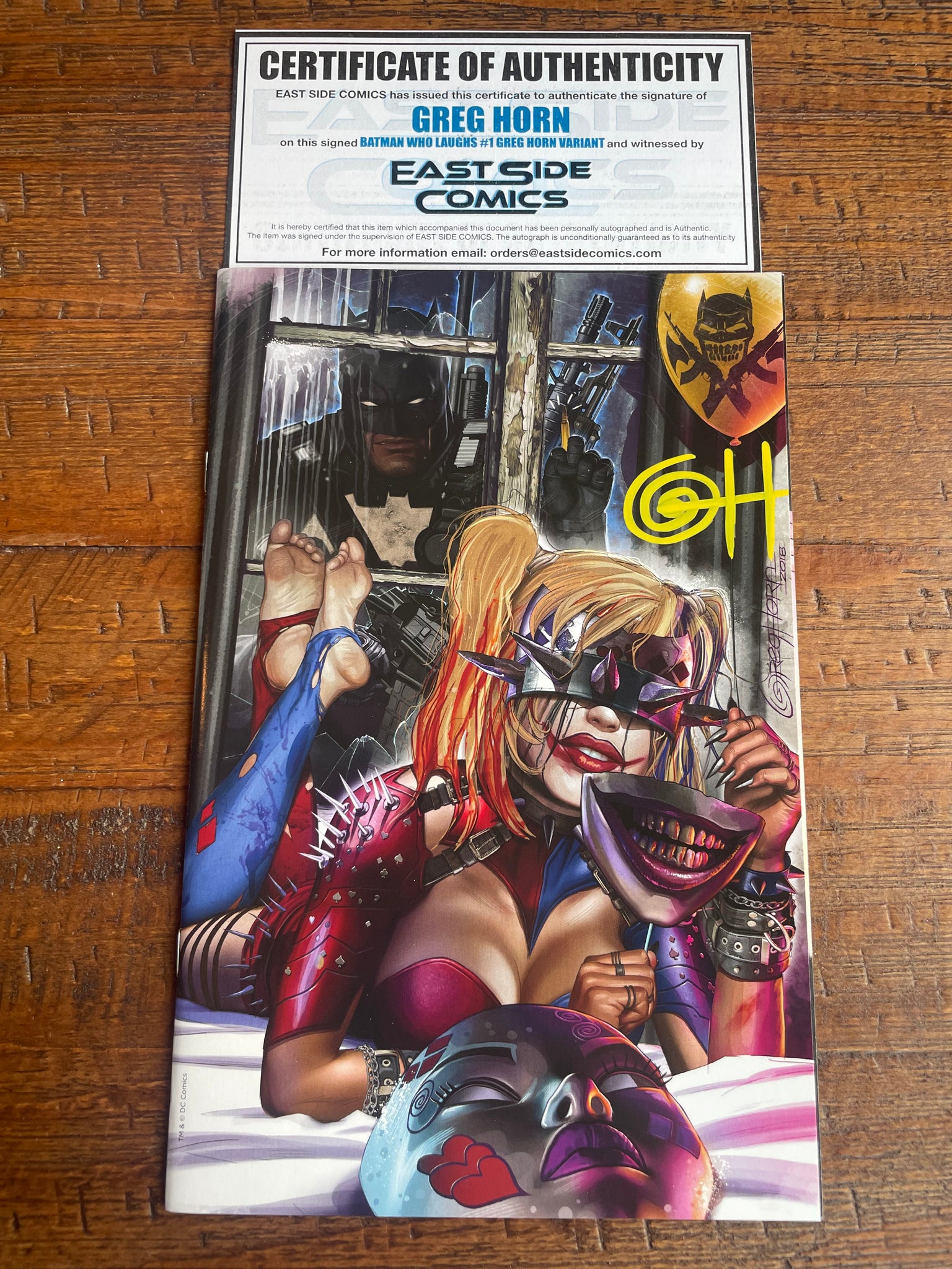 BATMAN WHO LAUGHS #1 GREG HORN SIGNED COA HARLEY QUINN WHO LAUGHS VARIANT-C