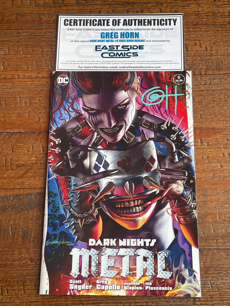 DARK NIGHTS METAL #6 GREG HORN SIGNED COA HARLEY QUINN WHO LAUGHS VARIANT-A