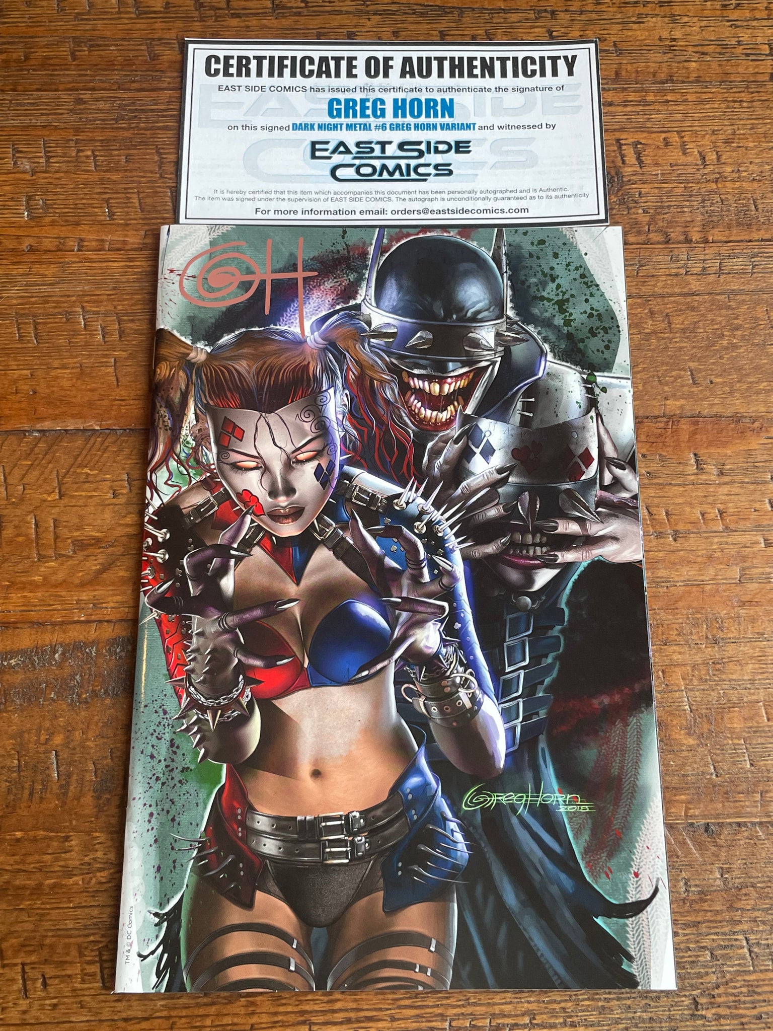 DARK NIGHTS METAL #6 GREG HORN SIGNED COA HARLEY QUINN WHO LAUGHS VIRGIN VARIANT-C