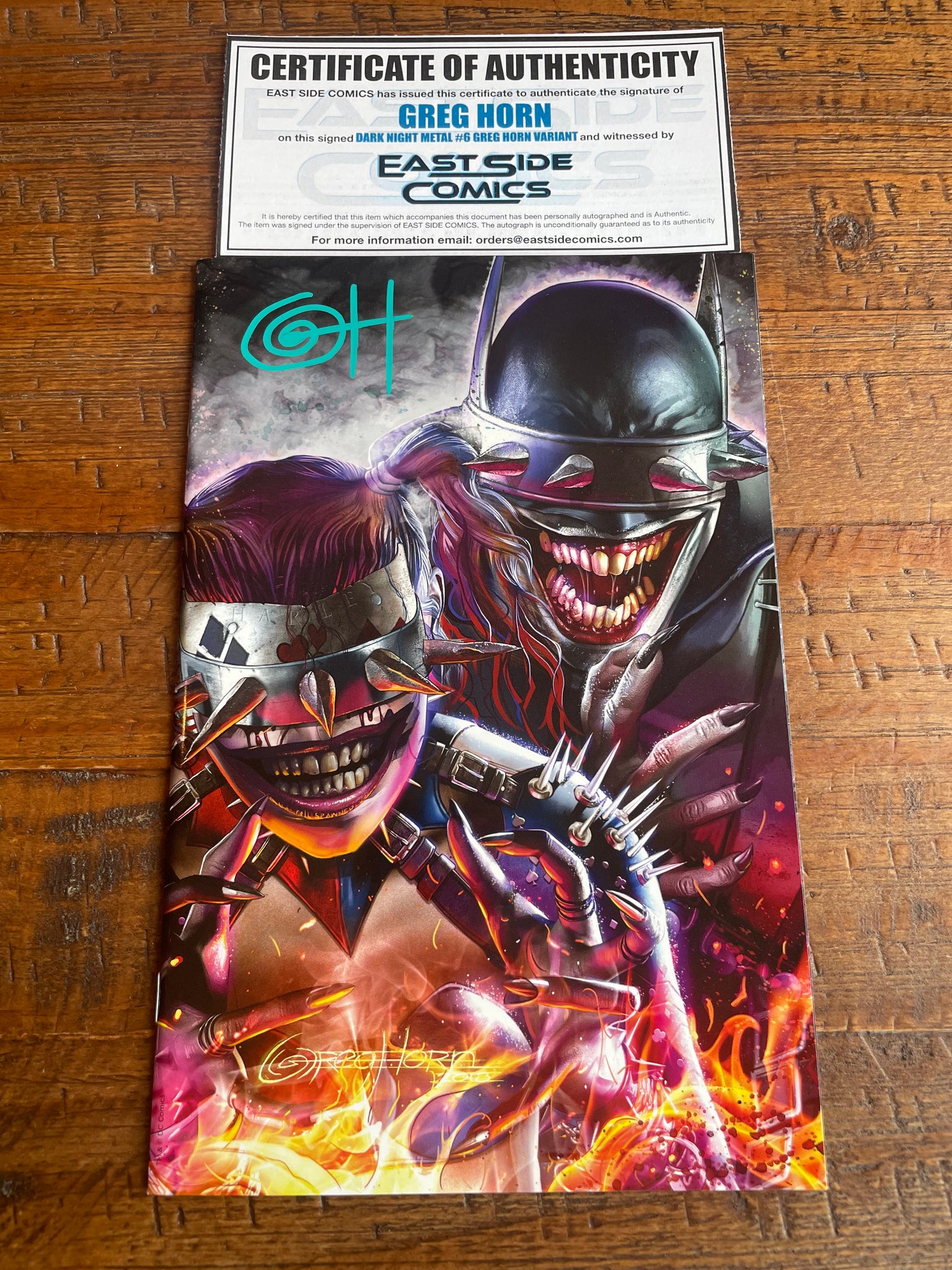 DARK NIGHTS METAL #6 GREG HORN SIGNED COA HARLEY QUINN WHO LAUGHS VIRGIN VARIANT-D