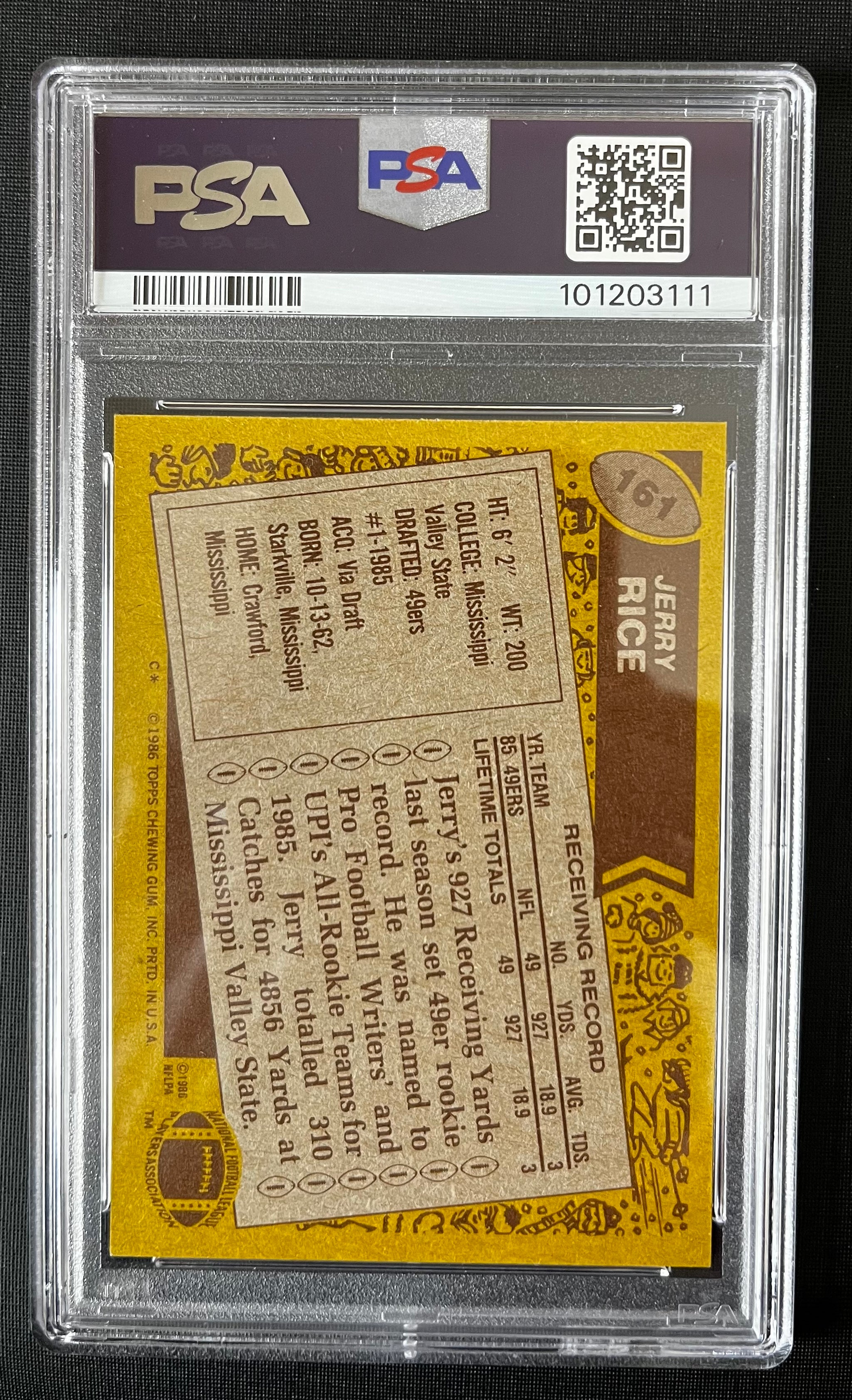 JERRY RICE 1986 TOPPS #161 - EX-MT PSA 6 - ROOKIE CARD – East Side