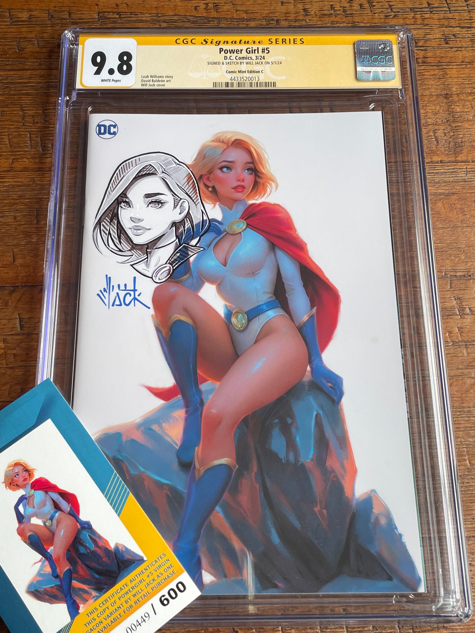 POWER GIRL #5 CGC SS 9.8 WILL JACK REMARK & SIGNED MEGACON WHITE VARIANT-C