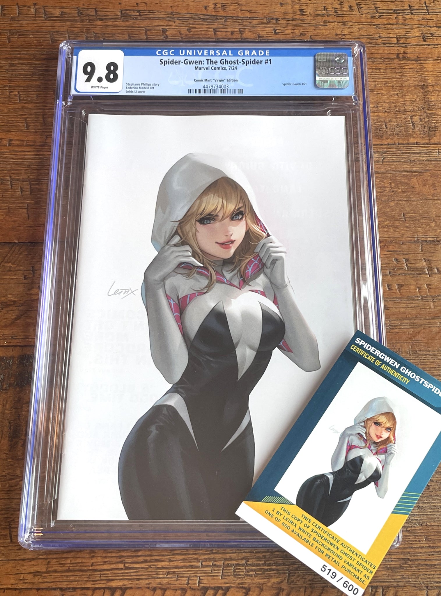 SPIDER-GWEN: GHOST SPIDER #1 CGC 9.8 LEIRIX LI SDCC EXCL "WHITE" VIRGIN VARIANT LTD 600