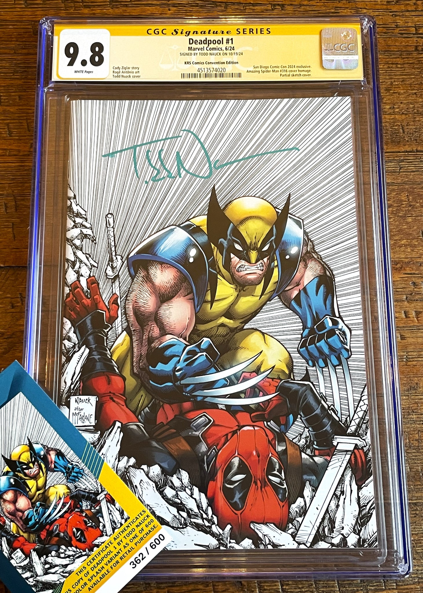 DEADPOOL #1 CGC SS 9.8 TODD NAUCK SIGNED WOLVERINE SDCC EXCL WHITE VARIANT