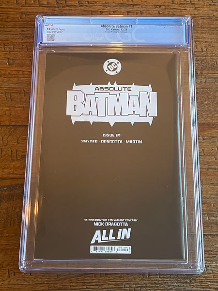 ABSOLUTE BATMAN #1 CGC 9.8 NICK DRAGOTTA 2ND PT BW SKETCH 1:25 INCENTIVE VARIANT