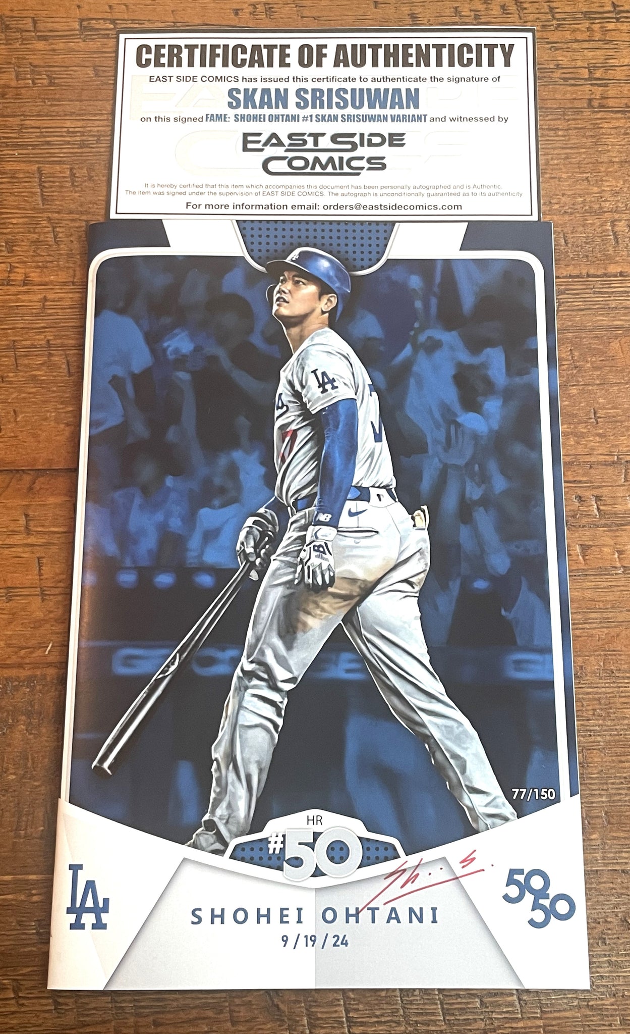 FAME: SHOHEI OHTANI #1 COMIC SKAN SIGNED COA TOPPS "50/50 CARD" BLUE VARIANT LTD 150 COPIES NUMBERED