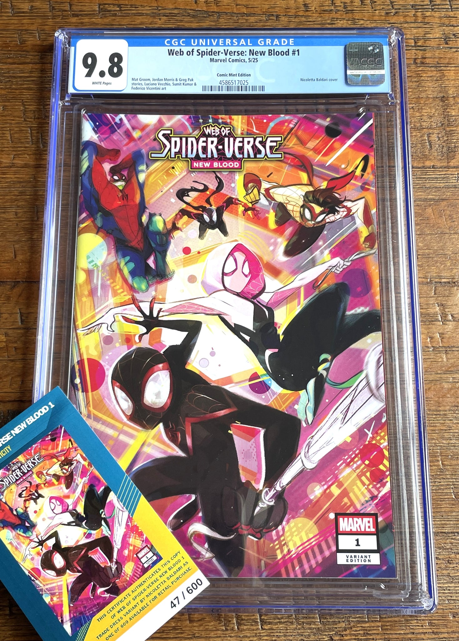 WEB OF SPIDER-VERSE NEW BLOOD #1 CGC 9.8 BALDARI EXCLUSIVE VARIANT LTD TO 600