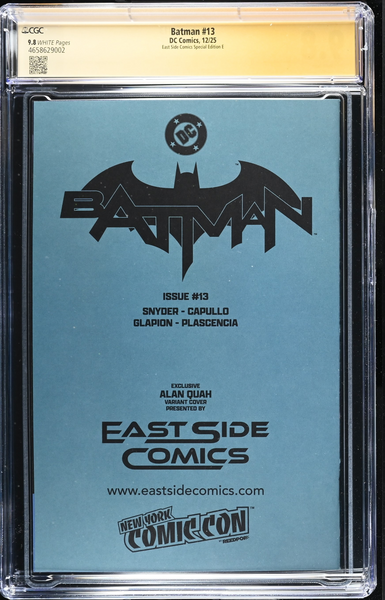 BATMAN (NEW 52) #13 CGC SS 9.8 ALAN QUAH BANE REMARK SIGNED NYCC 2025 EXCL BLANK BORDER VARIANT