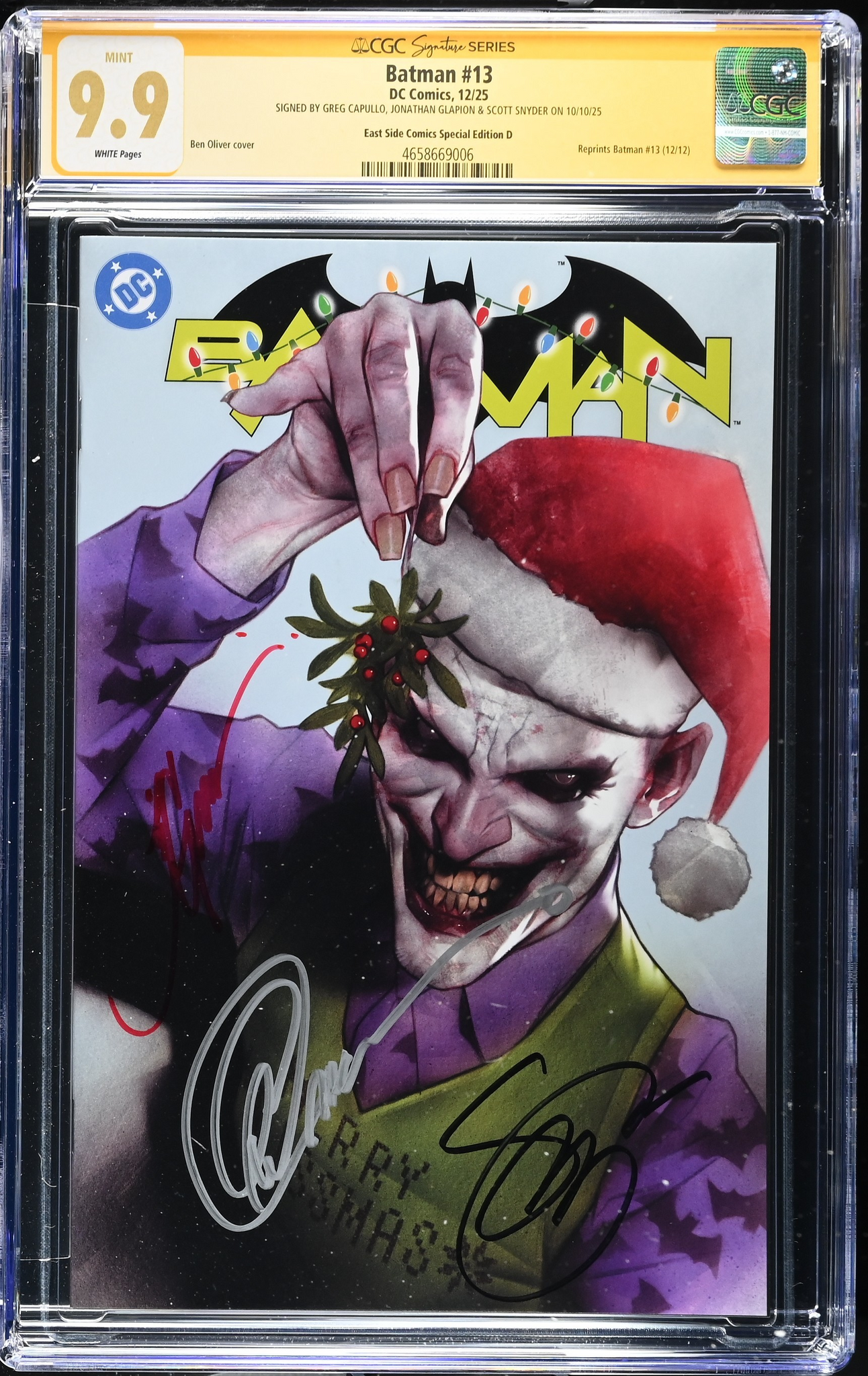 BATMAN (NEW 52) #13 CGC SS 9.9 SIGNED X3 SNYDER CAPULLO BEN OLIVER CHRISTMAS JOKER VARIANT NOT 9.8