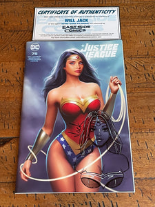 JUSTICE LEAGUE #75 WILL JACK REMARK SKETCH SIGNED COA WONDER WOMAN TRADE VARIANT-A