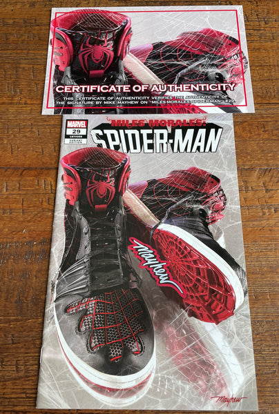 MILES MORALES: SPIDER-MAN #29 MIKE MAYHEW 3-D SIGNED COA SNEAKER TRADE VARIANT-A