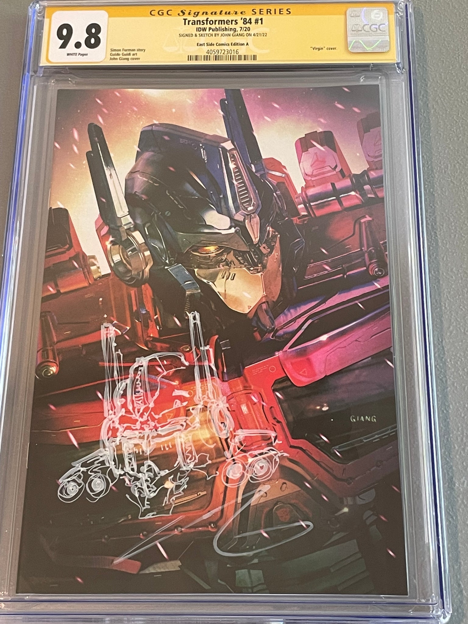 TRANSFORMERS 84 #1 SECRETS & LIES CGC SS 9.8 JOHN GIANG SIGNED & SKETCH OPTIMUS PRIME VIRGIN VARIANT