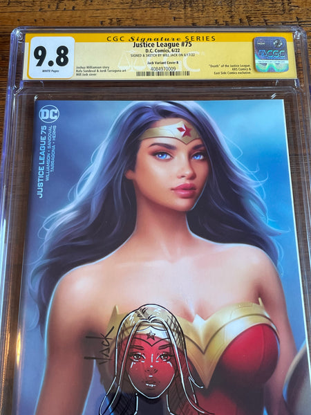 JUSTICE LEAGUE #75 CGC SS 9.8 WILL JACK REMARKED SKETCH SIGNED WONDER WOMAN VIRGIN VARIANT