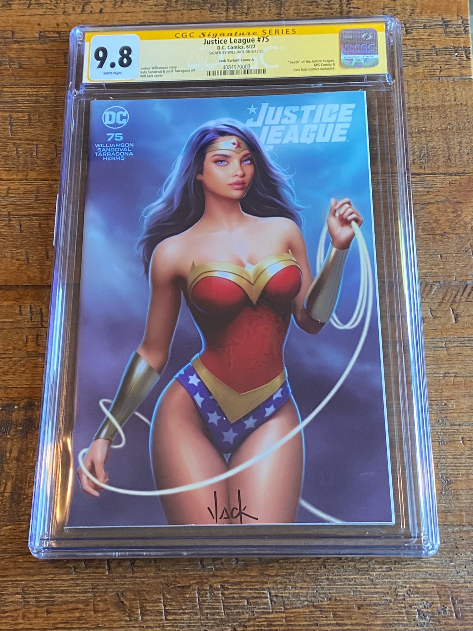 JUSTICE LEAGUE #75 CGC SS 9.8 WILL JACK SIGNED WONDER WOMAN TRADE VARIANT-A