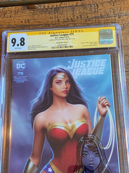 JUSTICE LEAGUE #75 CGC SS 9.8 WILL JACK REMARKED SKETCH SIGNED WONDER WOMAN TRADE VARIANT